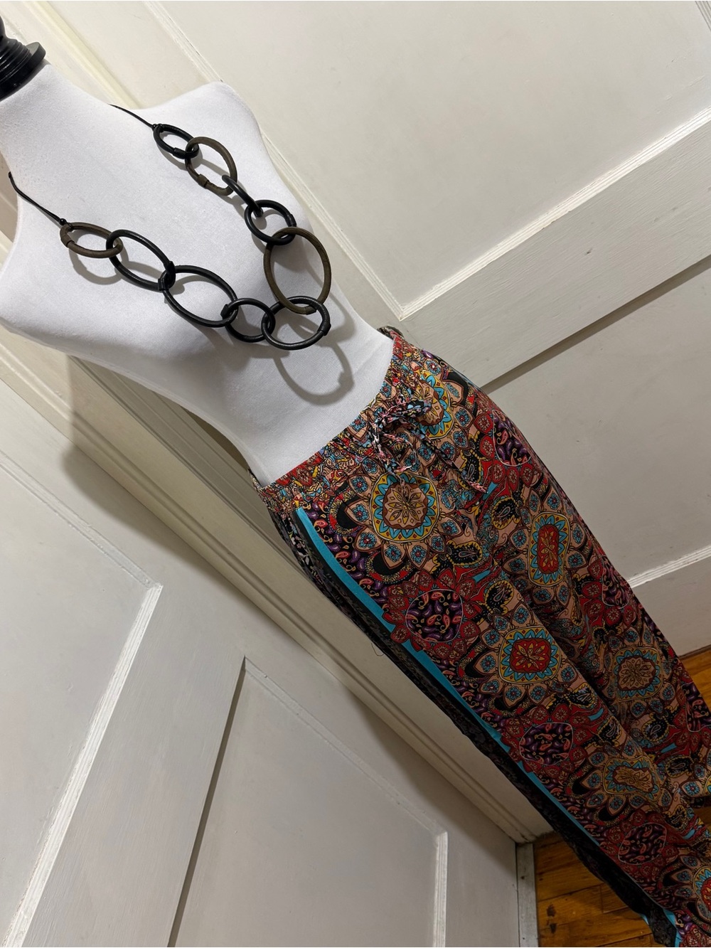 Johnny Was Multicolor Paisley Silk Pants with Turquoise Side Stripe